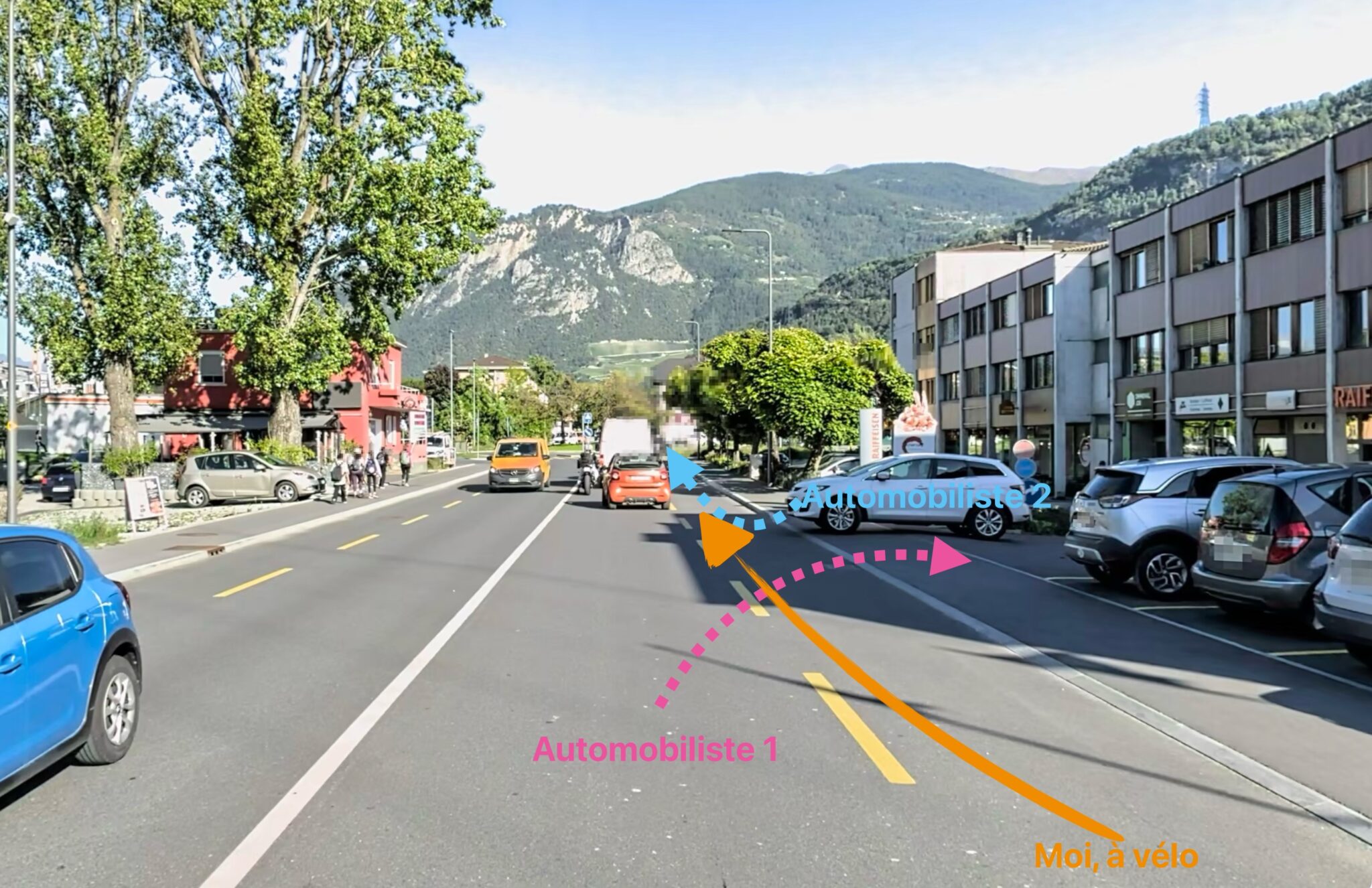 Vue d'une rue bordée d'arbres et de bâtiments ensoleillés. L’image est utilisée pour illustrer une manœuvre cycliste : elle montre le trajet du cycliste et ceux des deux automobilistes, utilisant des flèches colorées pour guider la perspective d'un piéton ou cycliste.