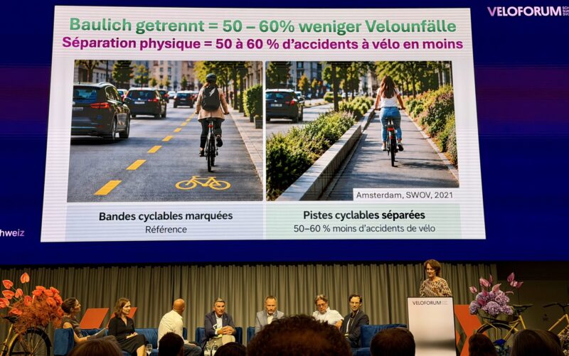 Une conférencière, debout sur scène à droite avec plusieurs personnes assises à gauche. Elle projette une diapositive où l'on voit, côte  à côte,  une même route avec des autos et une cycliste. A gauche avec une bande cyclable, à droite avec une piste cyclable. La légende explique qu'une piste cyclable permet d'enregistrer 50 à 60% d'accidents e vélo en moins.