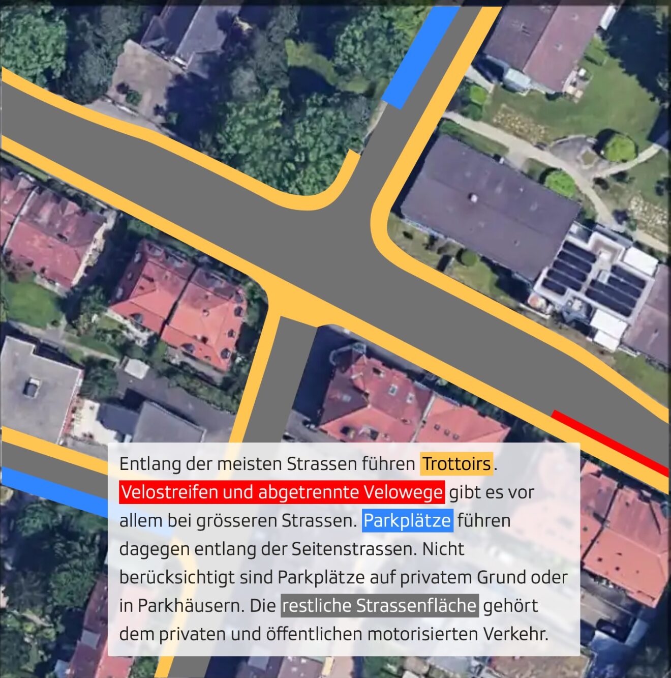 Infographie basée sur une vue satellite d'une rue résidentielle. Elle montre une intersection avec des voies séparées et des zones dédiées : trottoirs, pistes cyclables et parkings. Le texte accompagnant la carte explique l'organisation des différents types de voies.